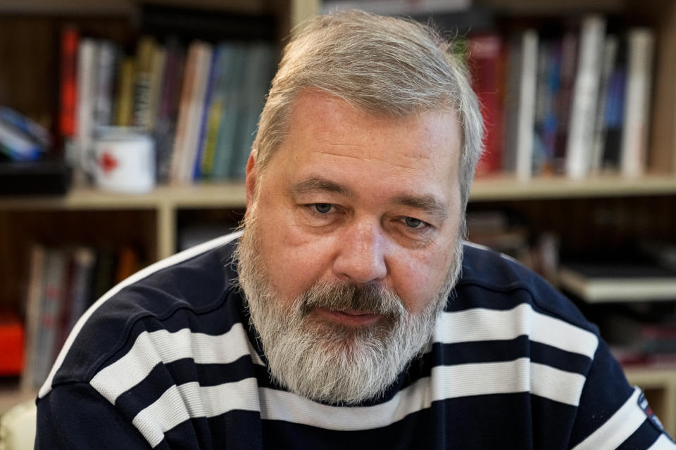 FILE - In this Oct. 7, 2021 file photo, Novaya Gazeta editor Dmitry Muratov speaks during an interview with The Associated Press at the Novaya Gazeta newspaper, in Moscow, Russia. As a new Nobel Peace Prize laureate, Russian newspaper editor Dmitry Muratov has downplayed the buzz around his name. The award isn't for him, he says, but for all of the staff at Novaya Gazeta, the independent Russian newspaper noted for investigations of official corruption, human rights abuses and Kremlin criticism. (AP Photo/Alexander Zemlianichenko, file)