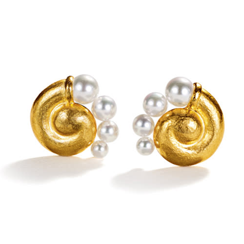 Virgin Gold and Cultured Pearl Spiral Earclips