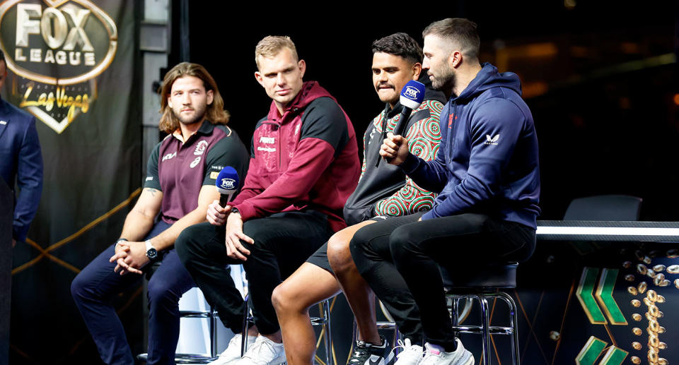 Seen here, James Tedesco speaks to the media during the NRL's official launch in Las Vegas. 