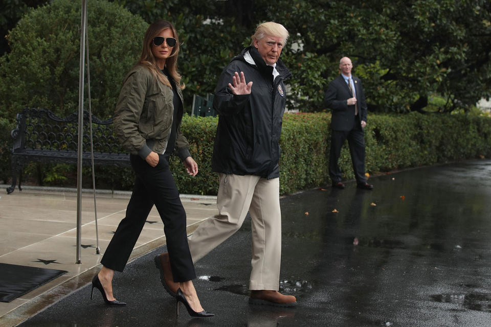 Melania Trump wears sky-high heels prior to a Marine One departure from the White House Aug. 29, 2017, to observe the effects of Hurricane Harvey. (Photo: Alex Wong via Getty Images)