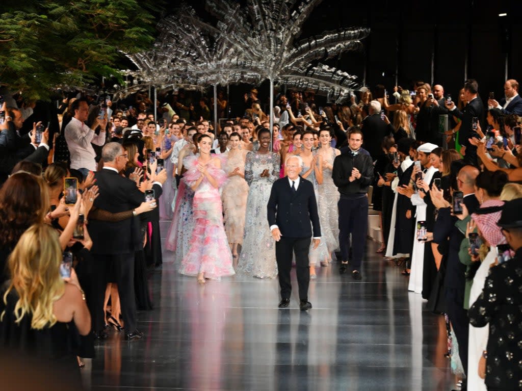 Italian fashion designer Giorgio Armani walks the runway during the Giorgio Armani “One Night Only Dubai” fashion show at the Armani Hotel Dubai (Getty Images)