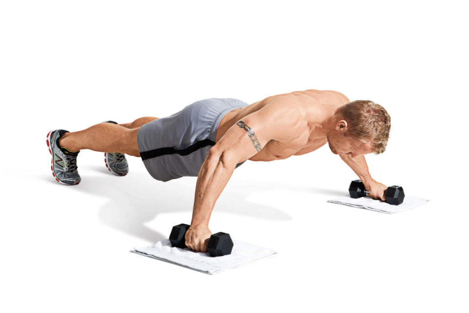 How to do it:<ol><li>Hold a dumbbell in each hand and get into a pushup position on the floor with palms facing each other.</li><li>Spread your arms apart as in a normal dumbbell flye and lower your body until you feel a stretch in your chest, then squeeze the dumbbells and bring your hands back to pushup position.</li><li>Keep your abs and glutes braced and your back flat throughout. If you’re using plate-loaded dumbbells, you may be able to roll the weight plates on the floor during the flye.</li><li>Otherwise, you can place a towel under each dumbbell to facilitate sliding. If this is too difficult, perform the exercise on your knees.</li></ol>