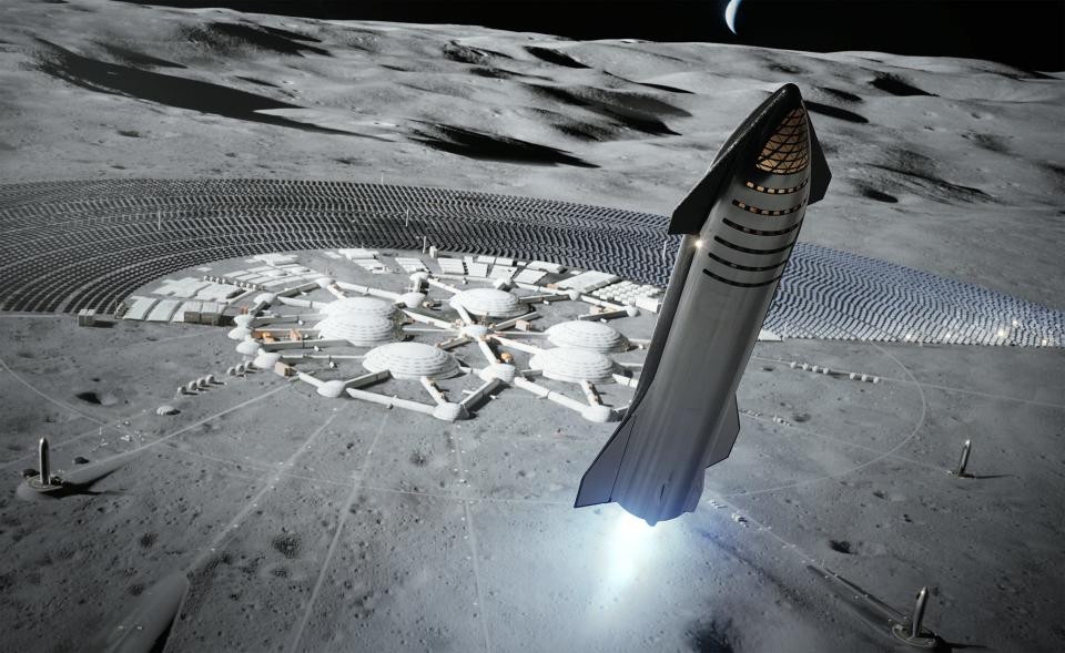 An artist's rendering shows a starship landing near a moon colony.