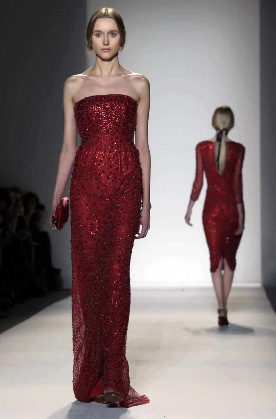 The Jenny Packham Fall 2013 collection is modeled during Fashion Week in New York on Tuesday, Feb. 12, 2013. (AP Photo/Richard Drew)