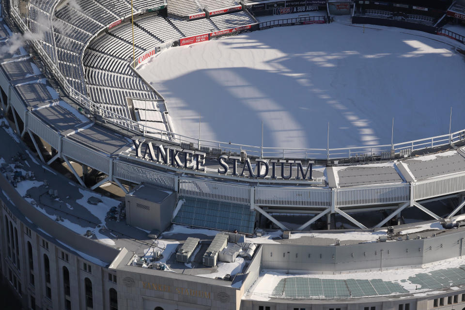 Yankee Stadium stands under a blanket of snow on January 5, 2018 in the Bronx Borough of New York City.&nbsp;