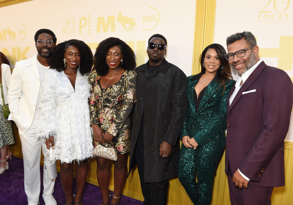 Sterling K. Brown, Adamma Ebo, Adanne Ebo, Daniel Kaluuya, Regina Hall and Jordan Peele at the Los Angeles premiere of "Honk For Jesus. Save Your Soul." held at Regal LA Live on August 22, 2022 in Los Angeles, California