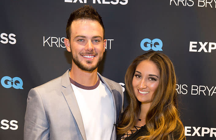 CHICAGO, ILLINOIS - APRIL 12: Chicago Cubs Kris Bryant and Jessica Delp greats fans at Express on State Street on April 12, 2016 in New York City. (Photo by Tasos Katopodis/Getty Images for Express)