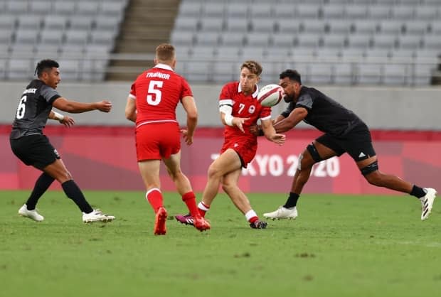Tries by Pat Kay and Harry Jones, not pictured, got Canada on the scoresheet Tuesday but it wasn't enough as the squad suffered a 21-10 quarter-final loss to New Zealand at the Tokyo Olympics. (Siphiwe Sibeko/Reuters - image credit)