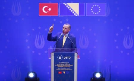 Turkish President Tayyip Erdogan addresses supporters during a pre-election rally in Sarajevo, Bosnia and Herzegovina May 20, 2018. REUTERS/Dado Ruvic