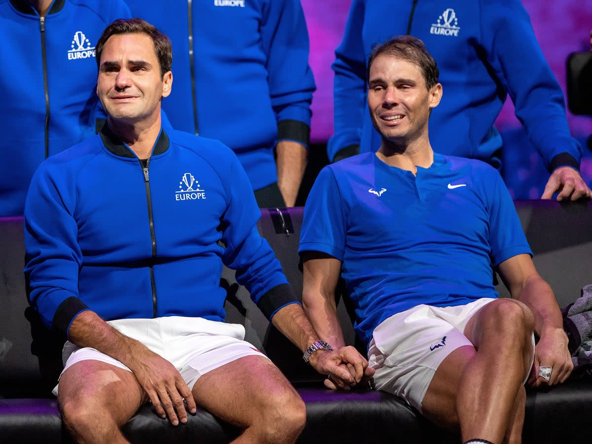 Roger Federer and Rafael Nadal hold hands during the Laver Cup last week (Ella Ling/Shutterstock)