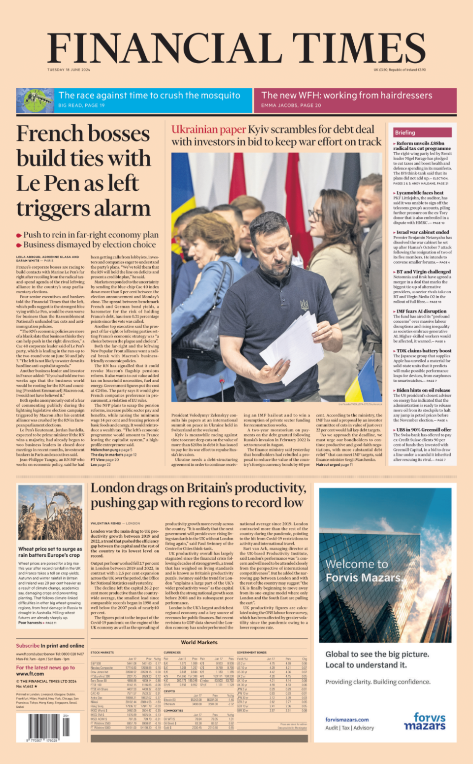 The front page of the Financial Times, where the top stories are about the French election and Ukraine attempting to get a debt deal to keep it war effort on track