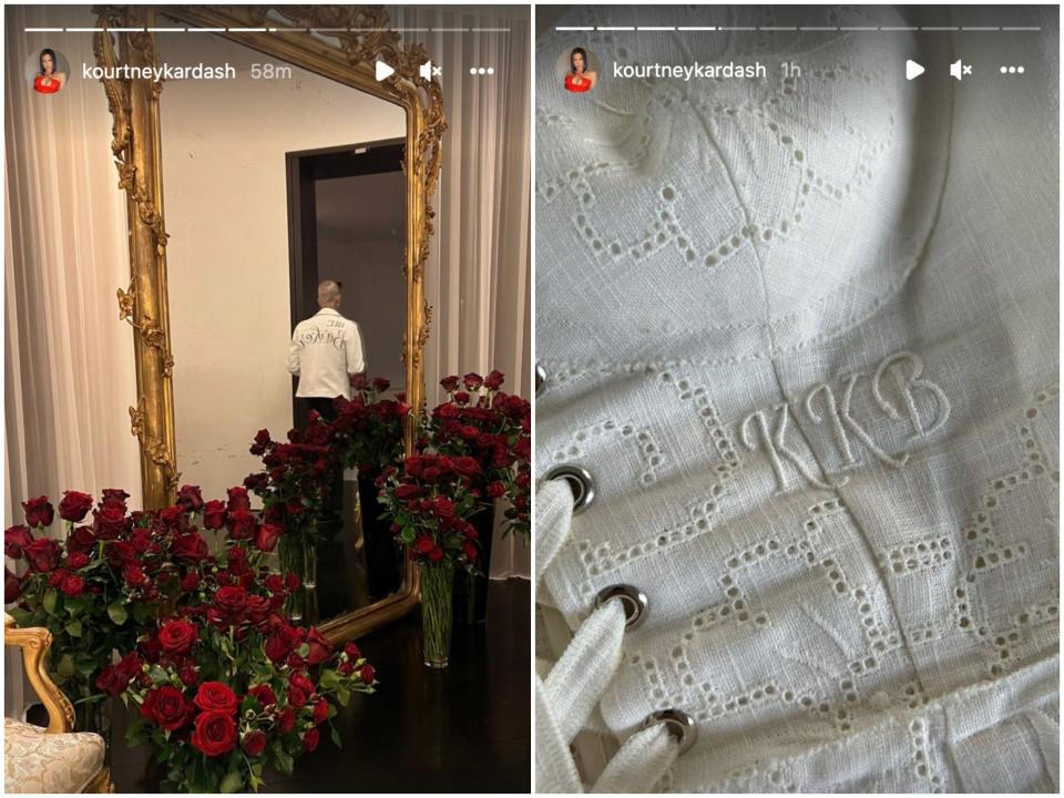 A side by side of Travis Barker in a white shirt and "KKB" embroidered on a white corset