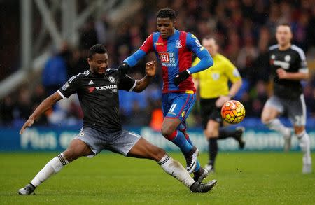 Football Soccer - Crystal Palace v Chelsea - Barclays Premier League - Selhurst Park - 3/1/16 Chelsea's John Obi Mikel in action with Crystal Palace's Wilfried Zaha Action Images via Reuters / John Sibley Livepic