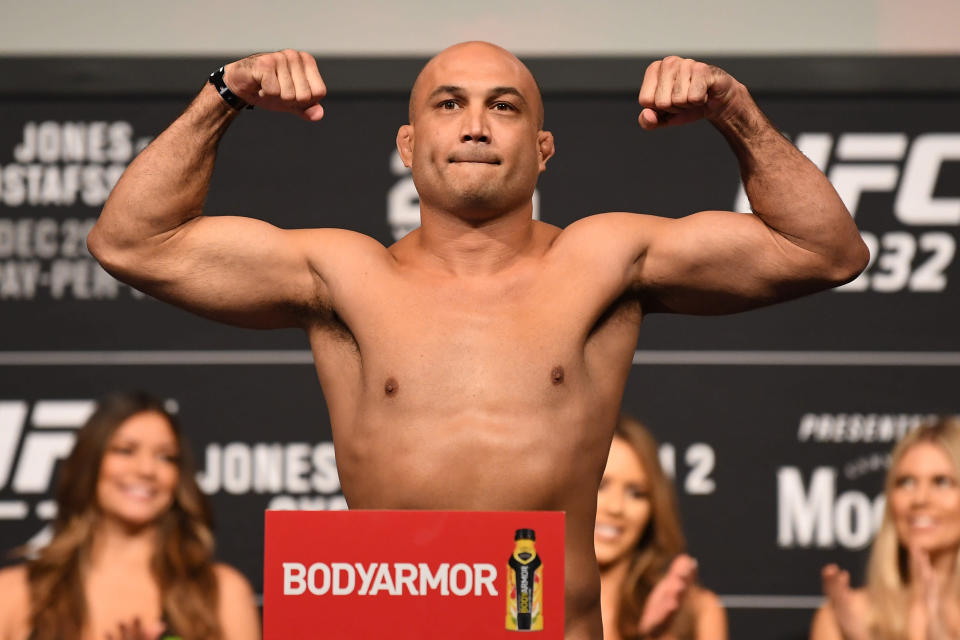 INGLEWOOD, CA - DECEMBER 28:  BJ Penn poses on the scale during the UFC 232 weigh-in inside The Forum on December 28, 2018 in Inglewood, California. (Photo by Josh Hedges/Zuffa LLC/Zuffa LLC via Getty Images)