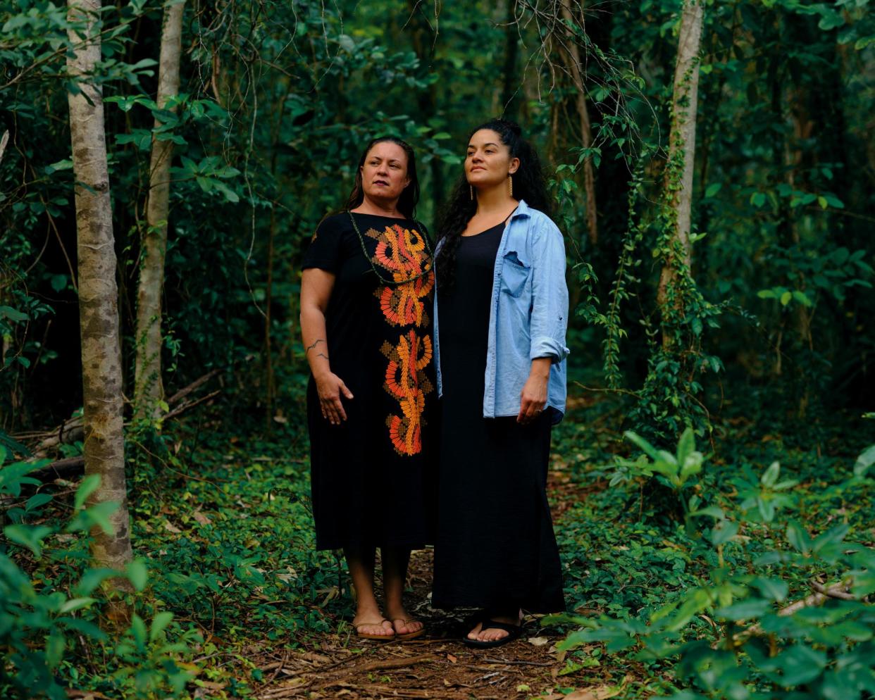 <span>Makalani Franco-Francis and Ki’i Kaho‘ohanohano. ‘We are again on the brink of losing our people’s knowledge of sacred birthing traditions.’</span><span>Photograph: Brendan George Ko/The Guardian</span>