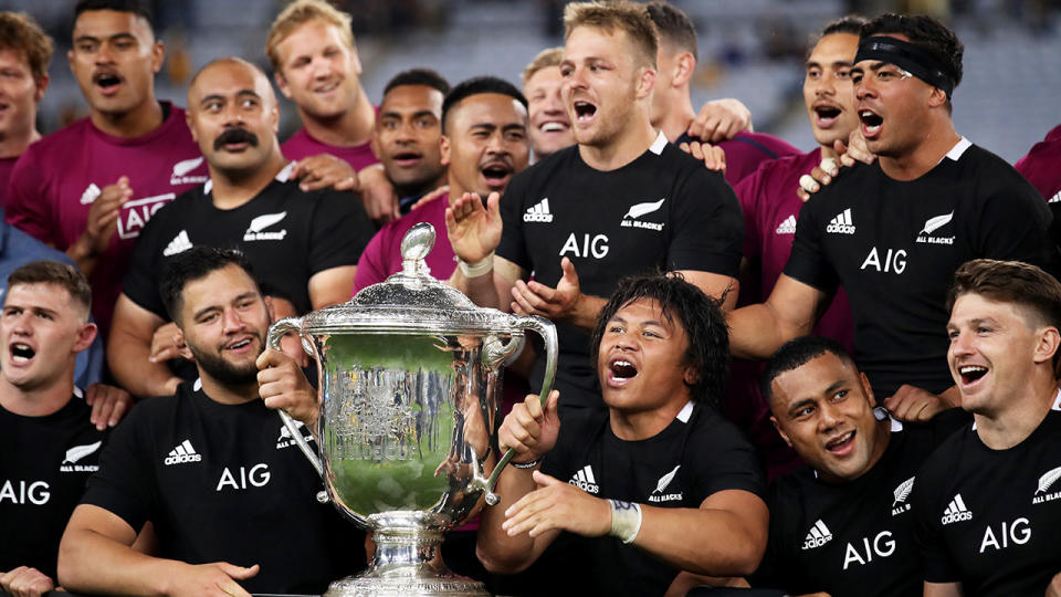 The All-Blacks are pictured celebrating after winning the Bledisloe Cup. 