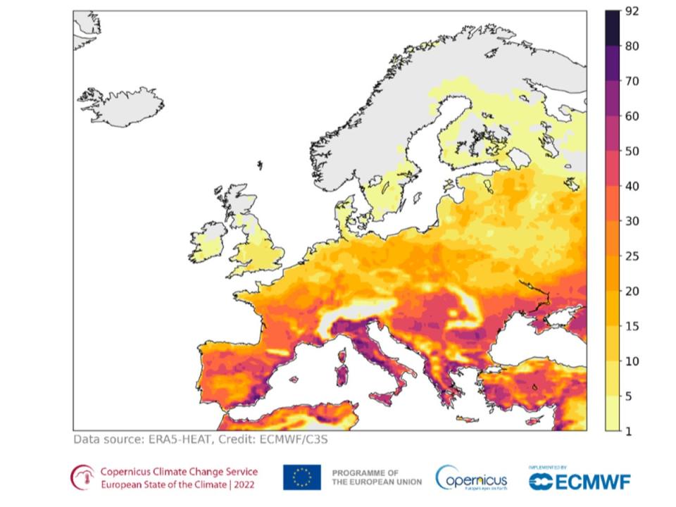 Number of days that experienced ‘strong heat stress’ (between 32 and 38C) during June, July and August 2022 (ECMWF/C3S)