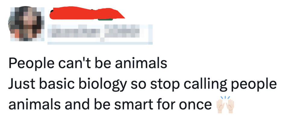 کاربر توییتر با نام بردن از مردم به عنوان حیوان مخالف است و به رفتار هوشمندانه توصیه می کند