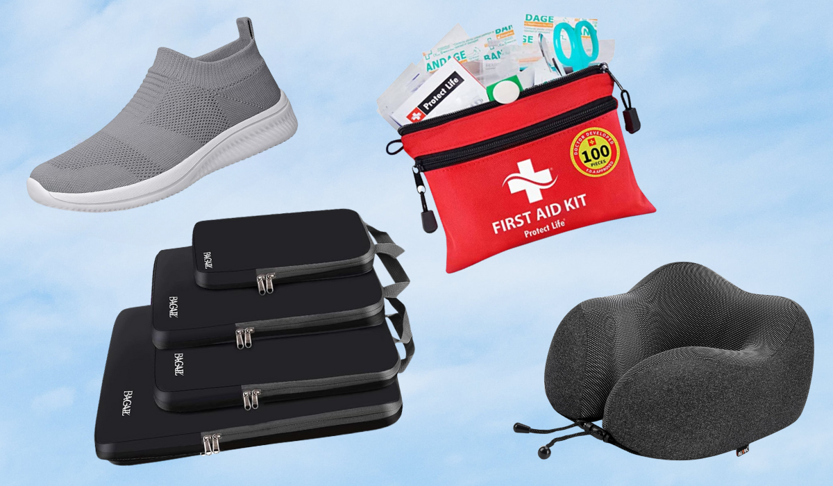 sneaker, packing cubes, first aid kit, travel neck pillow