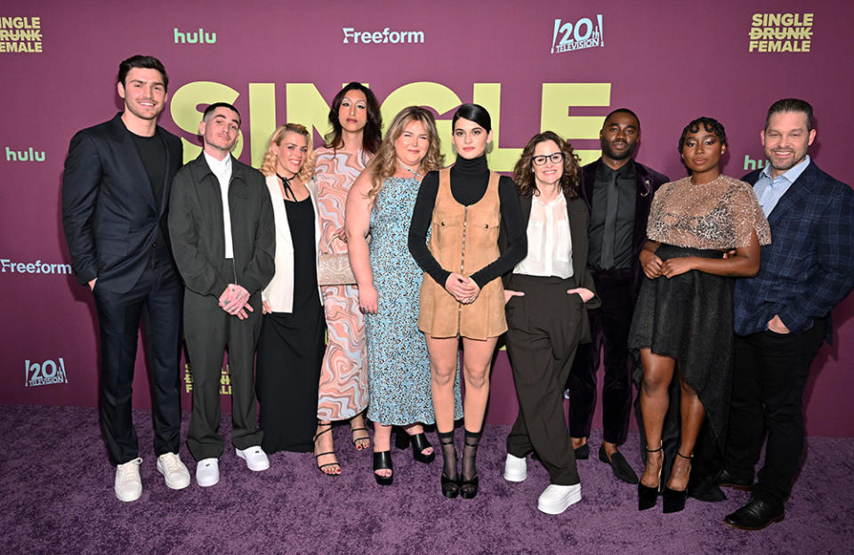 (L-R) Cast members Charlie Hall, Ricky Velez, Busy Philipps, Jojo Brown, Lily Mae Harrington, Sofia Black-D’Elia, Ally Sheedy, Garrick Bernard, Sasha Compere and Ben Thompson attend Freeform's "Single Drunk Female" Season 2 Premiere at Midnight Theatre on April 11, 2023 in New York City.