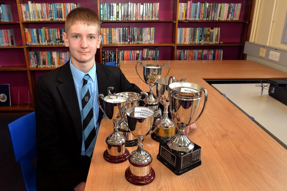 Former Tandragee Junior High School pupil, Charlie Poole returned to the school for the annual prize day and went home with a haul of trophies. PT44-205. (Photo: Tony Hendron)