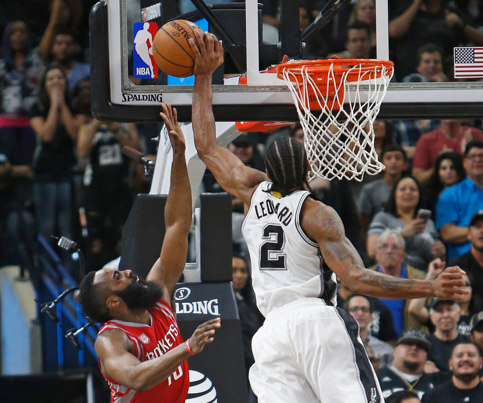 With the game on the line, Kawhi Leonard made a special play to stop James Harden. (Getty Images)