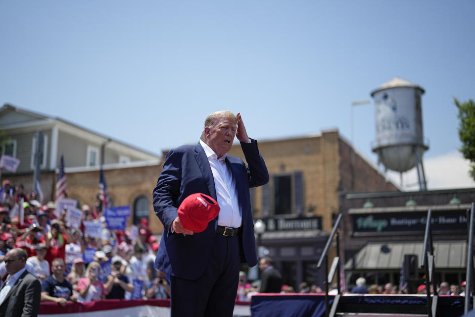 Former President Donald Trump speaks during a rally, Saturday, July 1, 2023, in Pickens, S.C. (AP Photo/Chris Carlson)