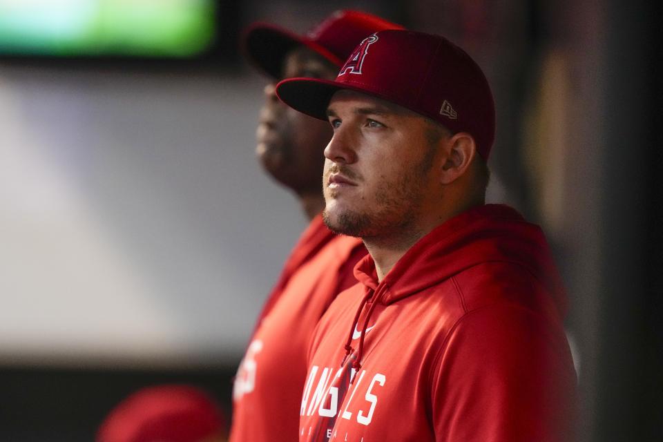 Los Angeles Angels' Mike Trout watches during the first inning of a baseball game against the New York Mets, Friday, Aug. 25, 2023, in New York. (AP Photo/Frank Franklin II)