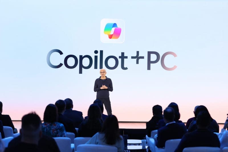 Microsoft chief executive Satya Nadella in Redmond, Washington, unveiling new PCs built around its Copilot AI assistant. Microsoft/PA Media/dpa