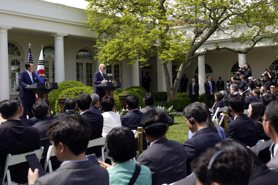 President Joe Biden and South Korea's President Yoon Suk Yeol attend a news conference in the Rose Garden of the White House Wednesday, April 26, 2023, in Washington. (AP Photo/Andrew Harnik)