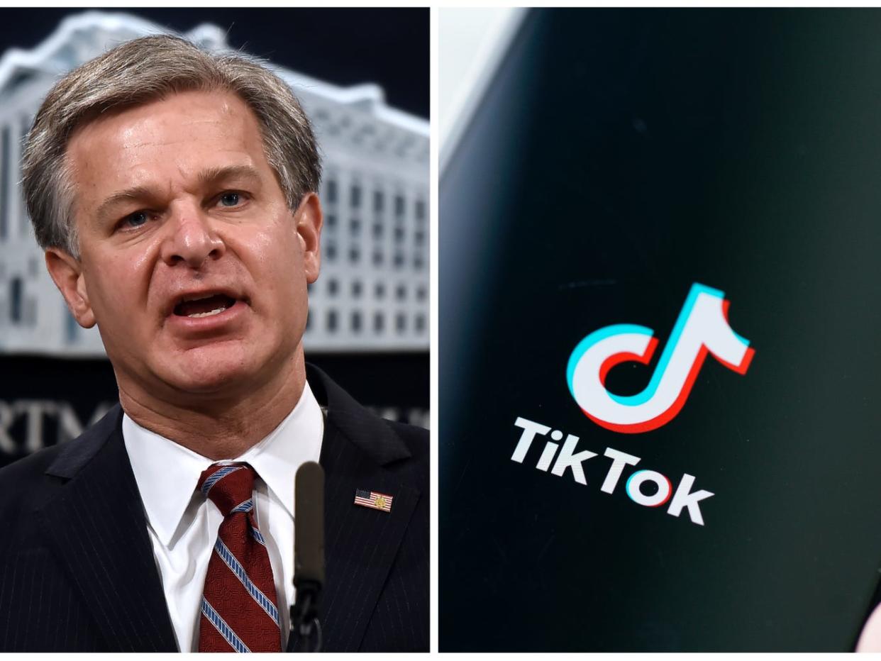 Chris Wray, the director of the FBI, left, and TikTok, right, in a composite image.