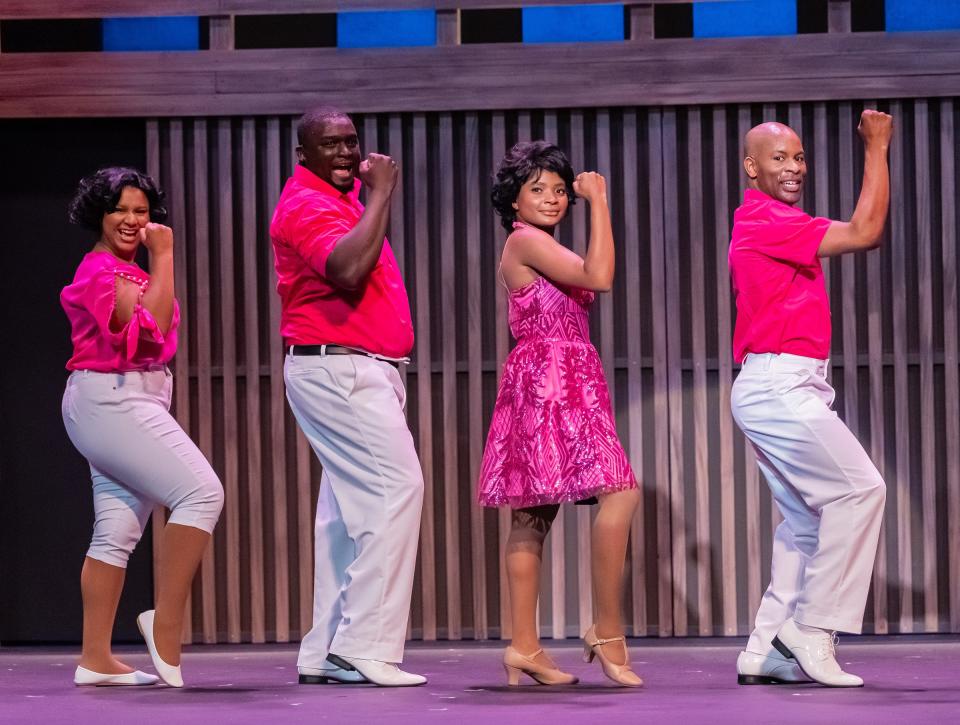 Anjewel Lenoir, Brian Jones, Sabriyah Davis and Dom Glover sing “The Locomotion” by Carole King and Gerry Goffin in a scene from “Beautiful: The Carole King Musical” at the Croswell Opera House.