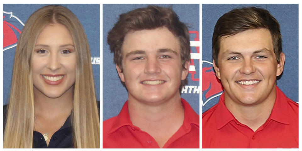 This combo of undated photos provided by the University of the Southwest, shows from left, golfers Laci Stone, Hayden Underhill, and Jackson Zinn. Stone and Zinn were killed, and Underhill was critically injured, in a fiery, head-on collision in West Texas, Tuesday evening, March 15, 2022. (University of the Southwest via AP)