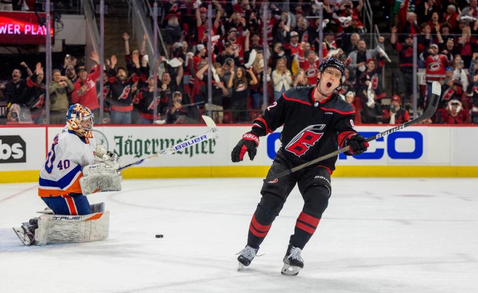 Carolina Hurricanes center Evgeny Kuznetsov (92) reacts after scoring on a penalty shot against New York Islander goalie Semyon Varlamov (40) in the first period during Game 5 of the NHL Eastern Conference quarterfinals agains the New York Islanders on Tuesday, April 30, 2024 at PNC Arena, in Raleigh N.C.