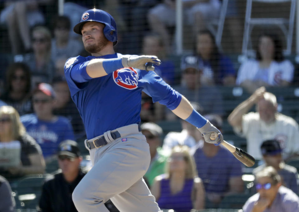 Ian Happ leads the strikeout-prone Cubs with 10 whiffs through five games. (AP)