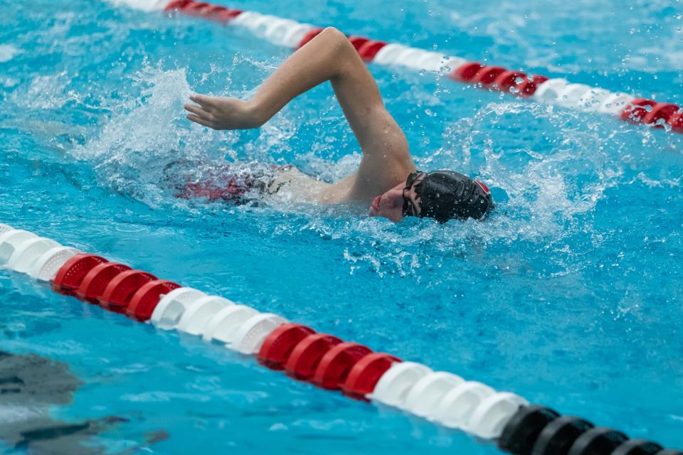 Durfee’s Michael Harrington races in the 200 freestyle against Martha’s Vineyard.