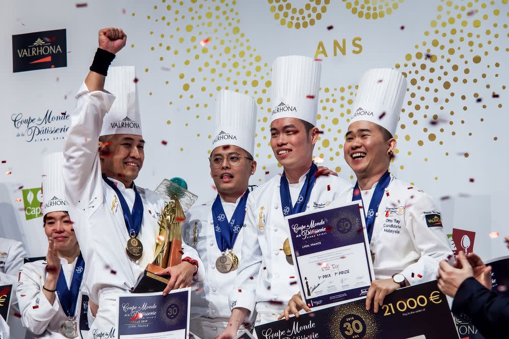 (From left) Chefs Patrick Siau, Loi Ming Ai, Tan Wei Loon and Otto Tay cheer after winning the World Pastry Cup in Lyon. — Picture courtesy of Diph Photography