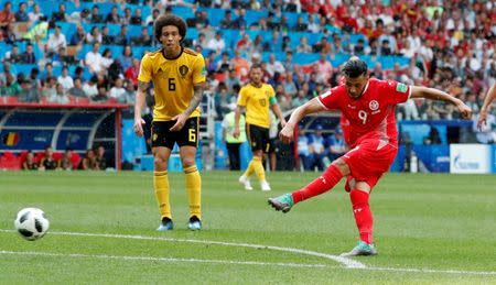 Soccer Football - World Cup - Group G - Belgium vs Tunisia - Spartak Stadium, Moscow, Russia - June 23, 2018 Tunisia's Anice Badri shoots at goal REUTERS/Grigory Dukor