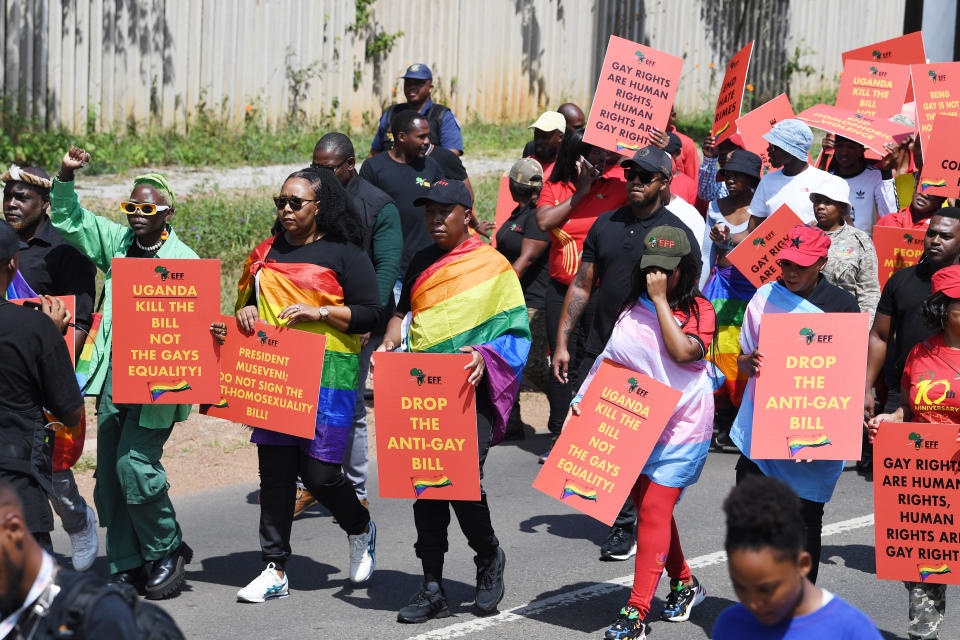 Members of the Economic Freedom Fighters picket against Uganda's anti-homosexuality bill at the Uganda High Commission on April 4, 2023 in Pretoria, South Africa.  / Credit: Frennie Shivambu/Gallo Images via Getty Images
