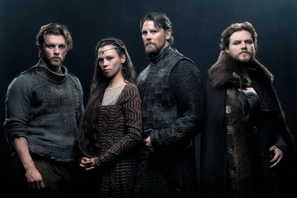 Hager cast: L-r: Jannis Niewöhner (Siegfried), Lilja van der Zwaag (Kriemhild), Gijs Naber (Hagen von Tronje) and Dominic Marcus Singer (Gunter) - Credit: Constantin Film/Mathias Bothor