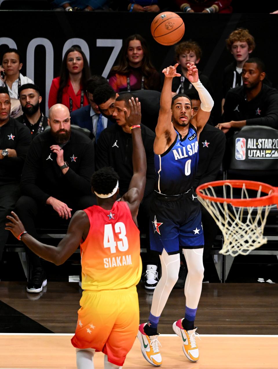 SALT LAKE CITY, UTAH - FEBRUARY 19: Tyrese Haliburton #0 of the Indiana Pacers shoots against Pascal Siakam #43 of the Toronto Raptors during the second half in the 2023 NBA All Star Game between Team Giannis and Team LeBron at Vivint Arena on February 19, 2023 in Salt Lake City, Utah.