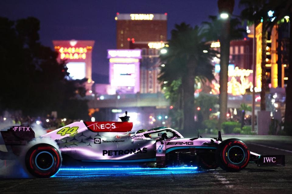 Lewis Hamilton takes his F1 car for a spin in Las Vegas.