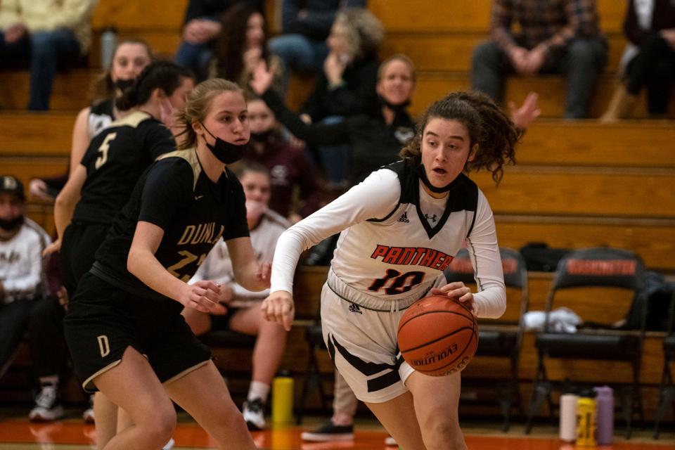 Washington's Claire McDougall drives the ball past Dunlap's Payton Haley during a home game on Dec. 10, 2021. The Washington Panthers beat the Eagles 48-31.