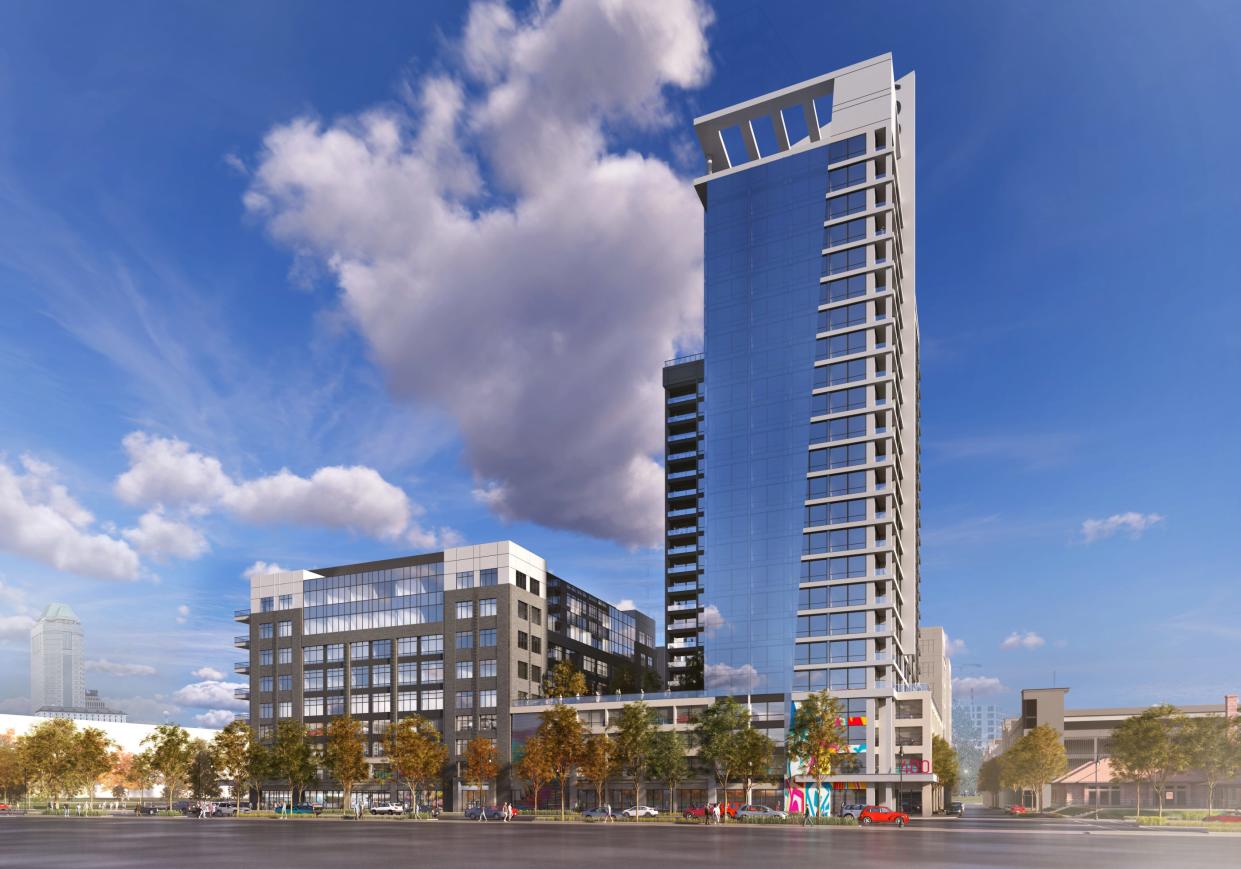 A 20-story residential tower and an office building will be built on top of a four-story parking garage on West Broad Street in the second phase of the Peninsula development in Franklinton. A grocery store will be on the first floor of the garage.