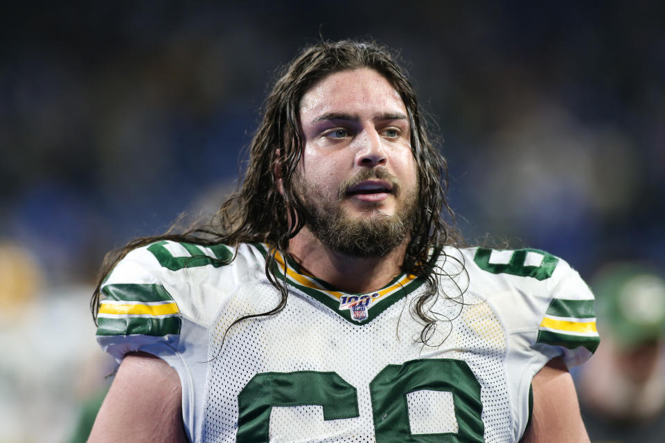 DETROIT, MI - DECEMBER 29:  Green Bay Packers offensive tackle David Bakhtiari (69) walks off of the field at the conclusion of a regular season game between the Green Bay Packers and the Detroit Lions on December 29, 2019 at Ford Field in Detroit, Michigan.  (Photo by Scott W. Grau/Icon Sportswire via Getty Images)