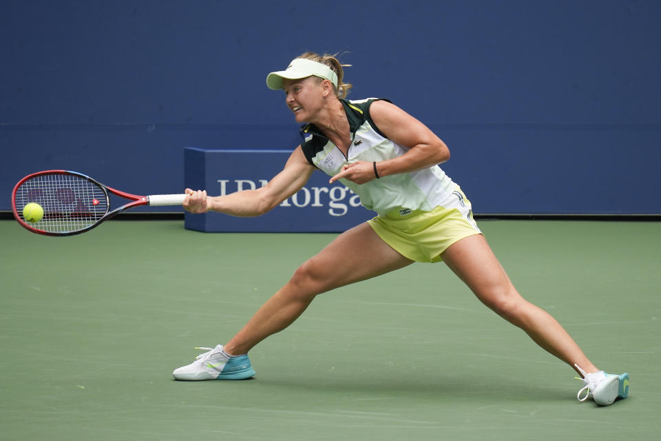 Fiona Ferro, of France, returns a shot to Victoria Azarenka, of Belarus, during the first round of the U.S. Open tennis championships, Monday, Aug. 28, 2023, in New York. (AP Photo/Charles Krupa)