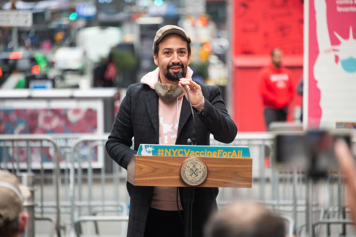 Lin-Manuel Miranda speaks during the opening of a vaccination center for Broadway workers in New York.  (Photo: Noam Galai via Getty Images)