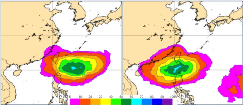 ▲最新歐洲(ECMWF)系集模式模擬顯示，4日20時台灣東南方海面，熱帶擾動發展成颱機率已調高至70％（左圖），6日20時機率最高值已移入巴士海峽（右圖）。（圖／翻攝自「三立準氣象.老大洩天機」）