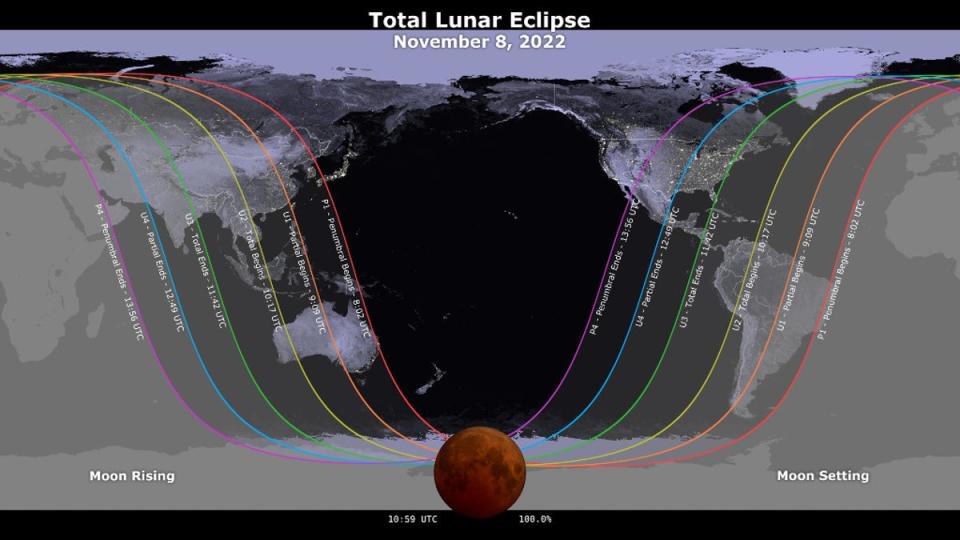 A map showing the path and timing of the 8 November 2022 total lunar eclipse (Nasa)