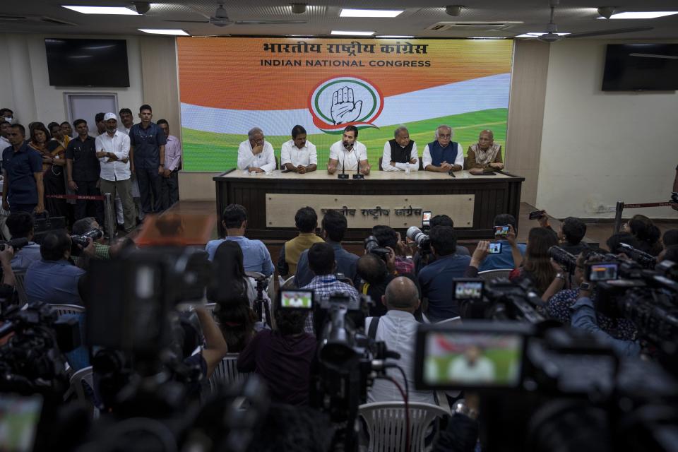 Indian opposition leader Rahul Gandhi addresses a press conference after he was expelled from parliament Friday, a day after a court convicted him of defamation and sentenced him to two years in prison for mocking the surname Modi in an election speech, in New Delhi, India, Saturday, March 25, 2023. The conviction and expulsion were widely condemned by opponents of Modi, who say democracy and free speech are under assault by a ruling government seeking to crush any dissent. (AP Photo/Altaf Qadri)